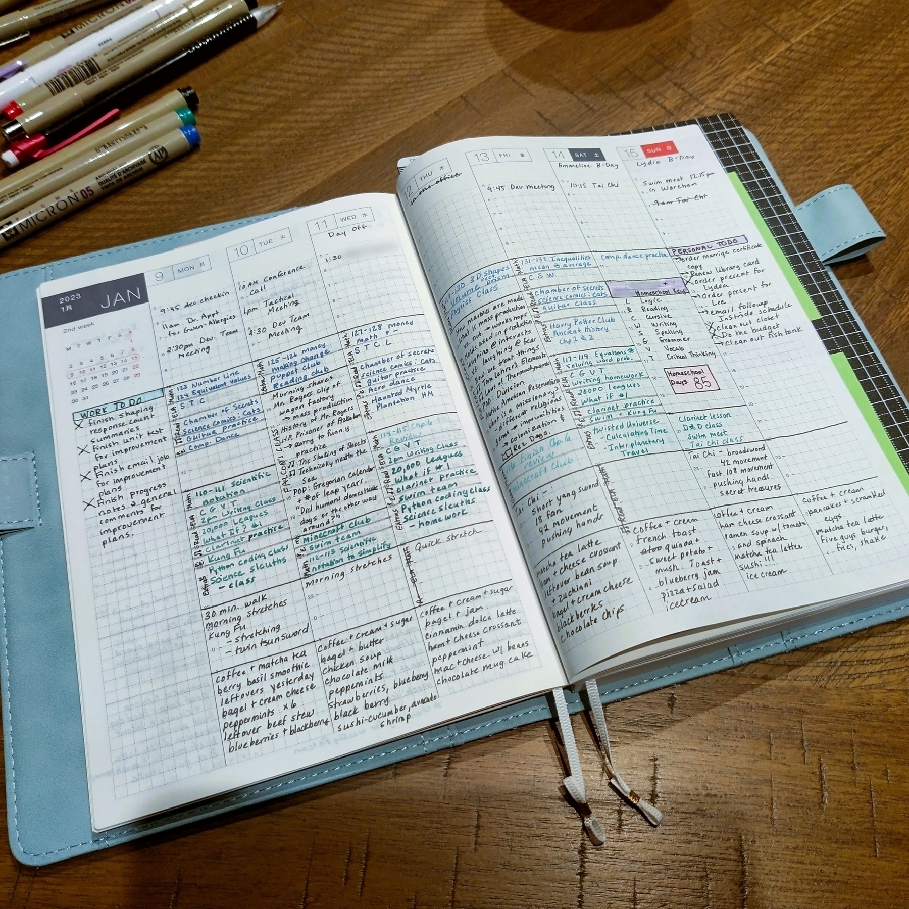 Hobonichi Cousin with personal, homeschooling, and work tasks in the weeks layout