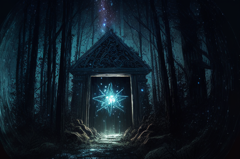 portal in the trees during a starry night with a doorway