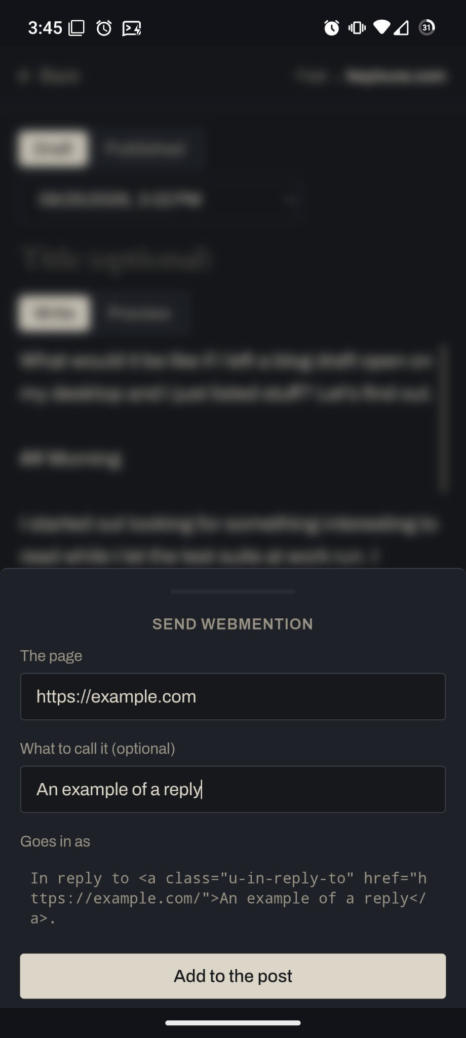 A mobile screen shows a webmention reply interface with fields to enter a page URL, an optional title, and a preview of the HTML code for the reply.