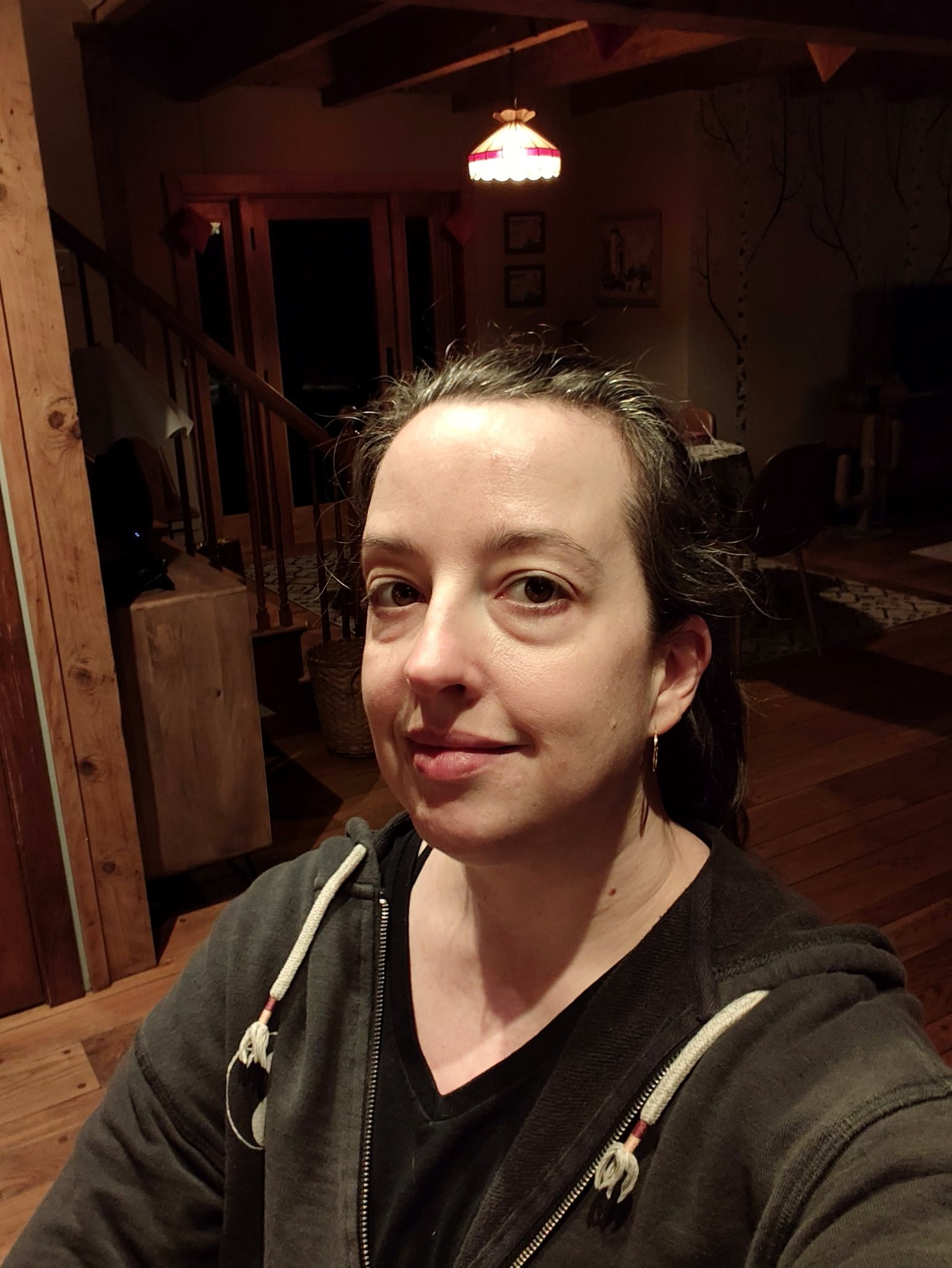 A woman with pulled-back hair wearing a dark hoodie is taking a selfie inside a warmly lit wooden room.