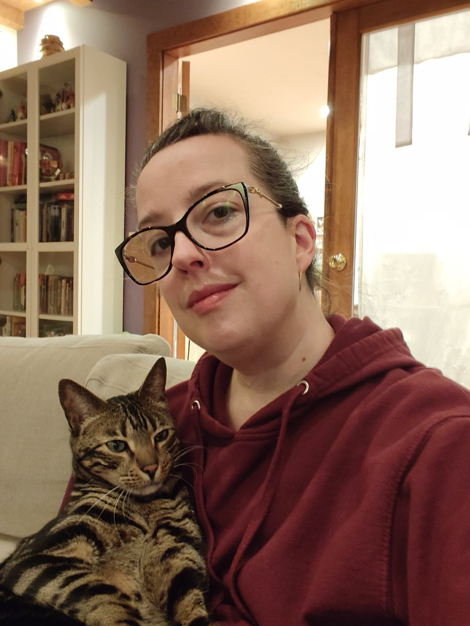 A person wearing glasses and a maroon hoodie is sitting on a couch, holding a tabby cat.