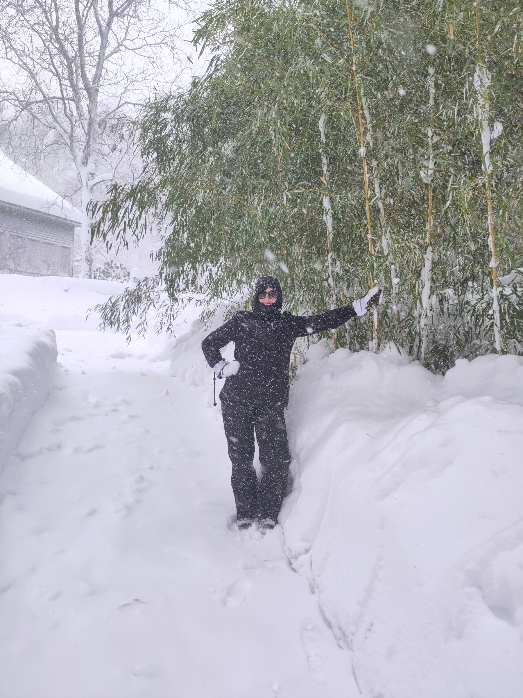 Women in snow gear standing in front of large snow pile and bamboo.