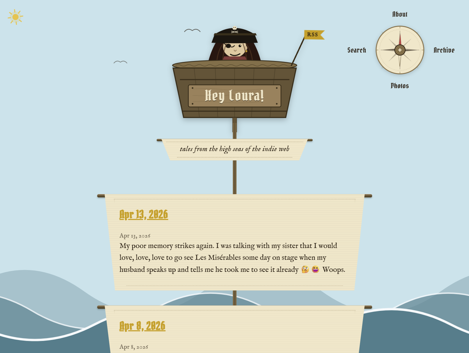 blog with pirate ship design. blog posts go down the sails. at the top there is a pirate and a compass rose for blog navigation.