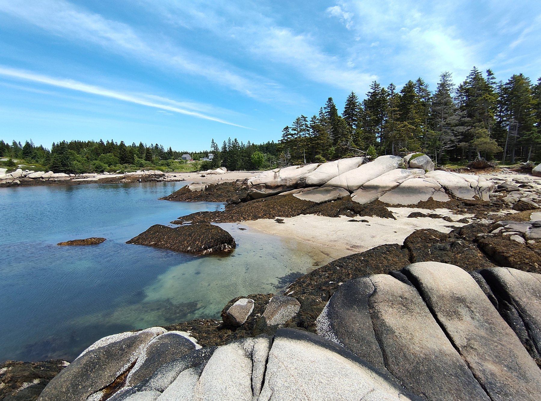 A serene coastal scene features clear blue water, rocky shores, and a backdrop of evergreen trees under a partly cloudy sky.