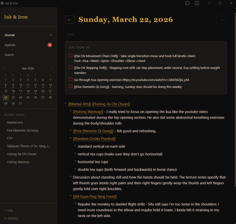 Auto-generated description: A digital journal interface displays an agenda for March 22, 2026, featuring martial arts and fitness activities, personal notes, and a video link.