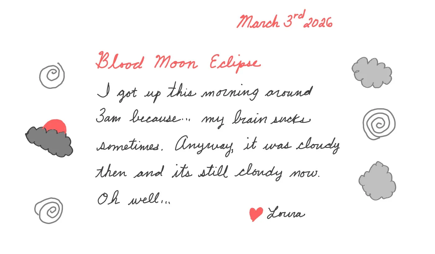 Handwritten blog post — transcript below. Doodles: Three grey cloud shapes and two grey spiral/swirl shapes are scattered around the margins; on the left side is a dark grey cloud with a red/coral half-circle peeking behind it, suggesting a blood moon obscured by clouds.