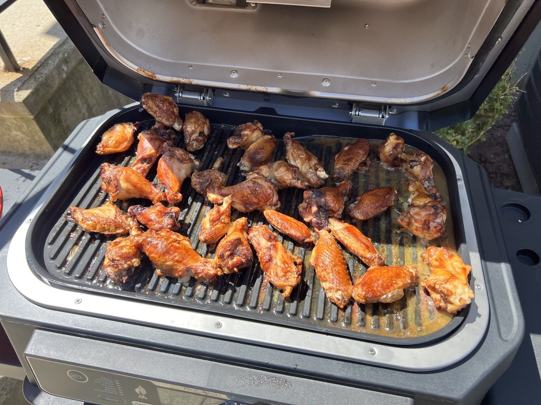 Smoked wings looking golden under the afternoon sun 