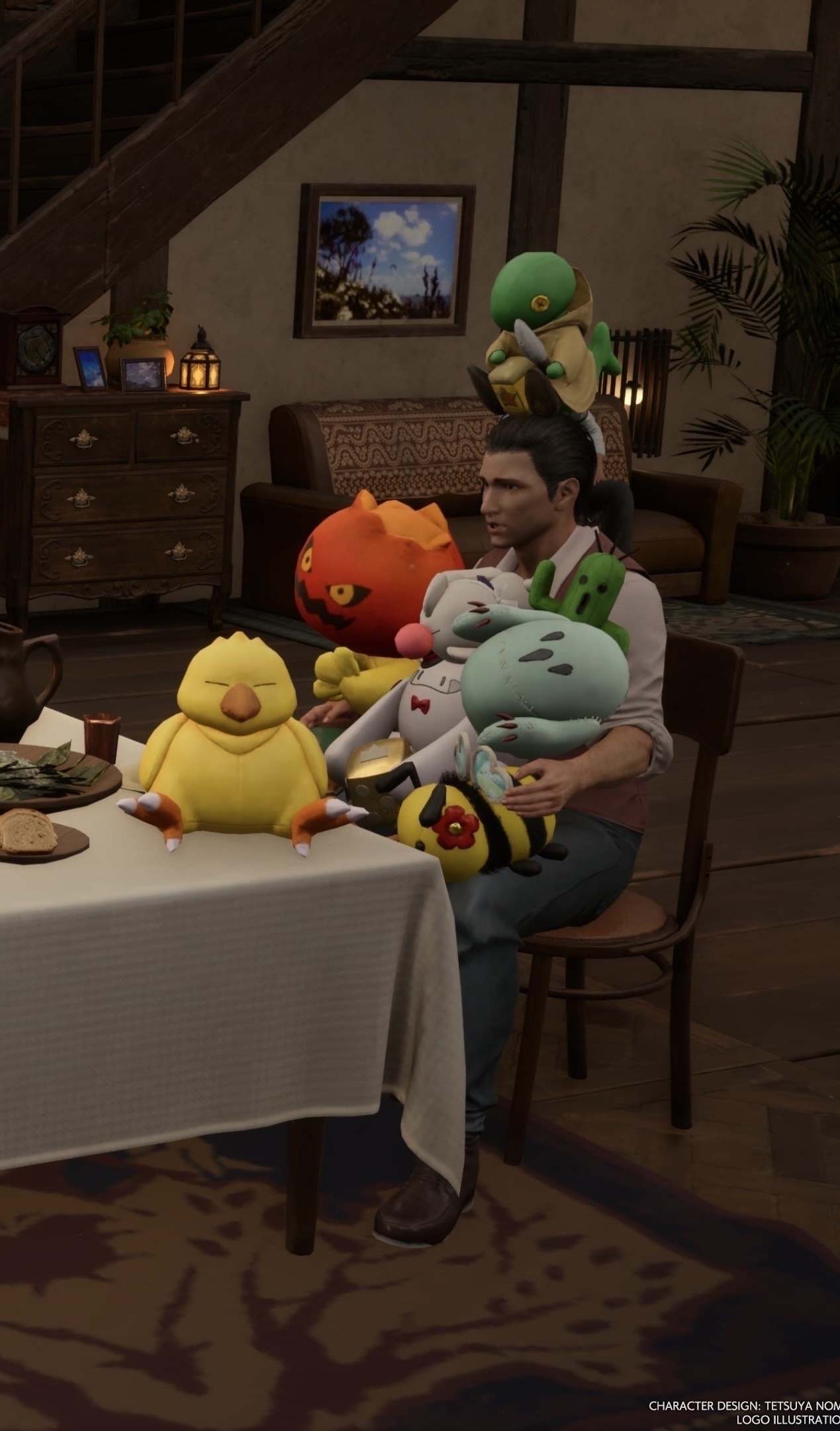 Screenshot from Final Fantasy VII Rebirth of a man holding Final Fantasy plushies 