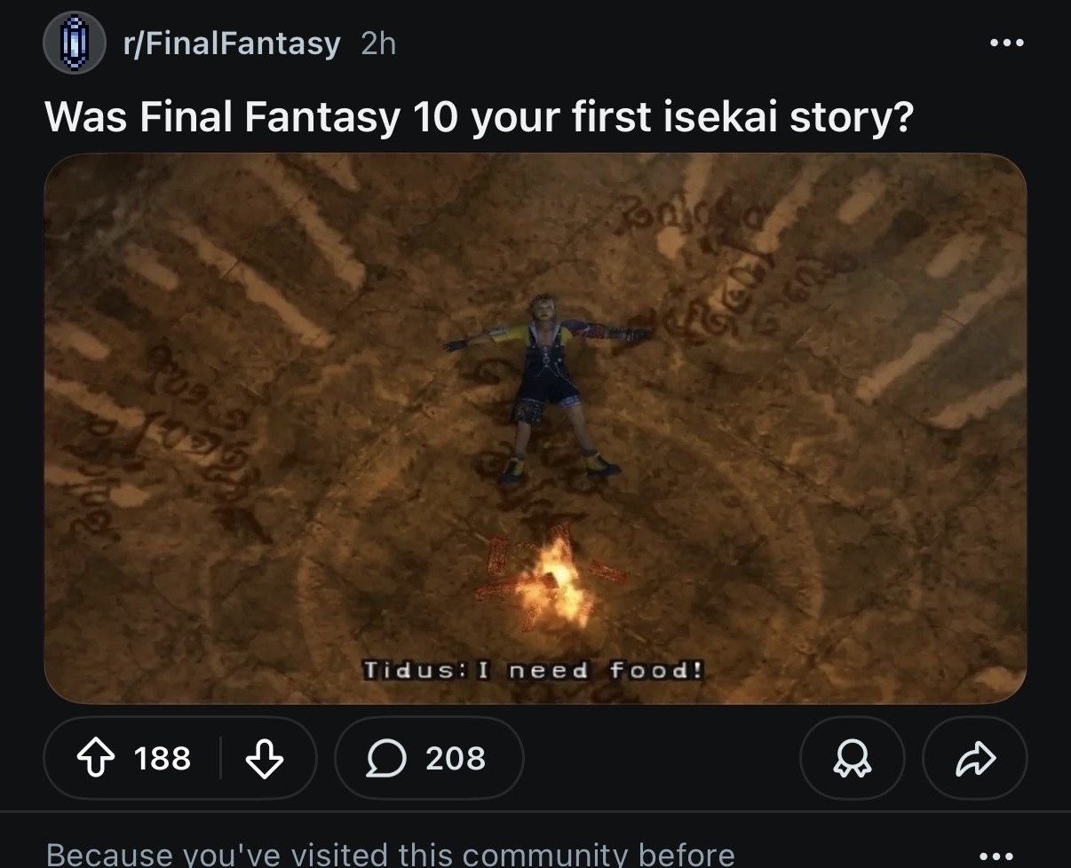 Reddit post with the caption “was final fantasy 10 your first isekai story?” 