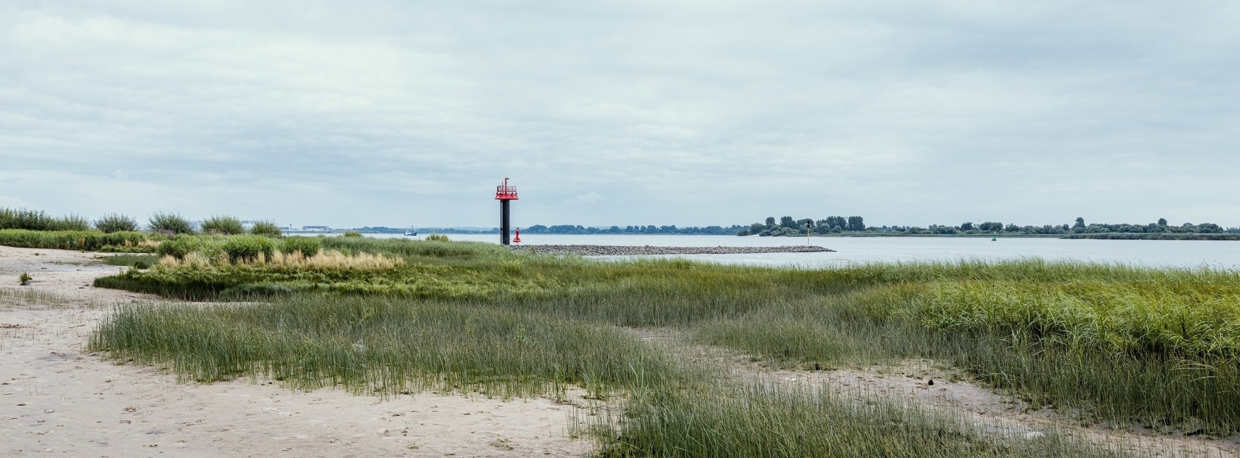 A wide view of the Elbe River shows grassy marshland in the foreground and a red navigation beacon near the shoreline under an overcast sky.