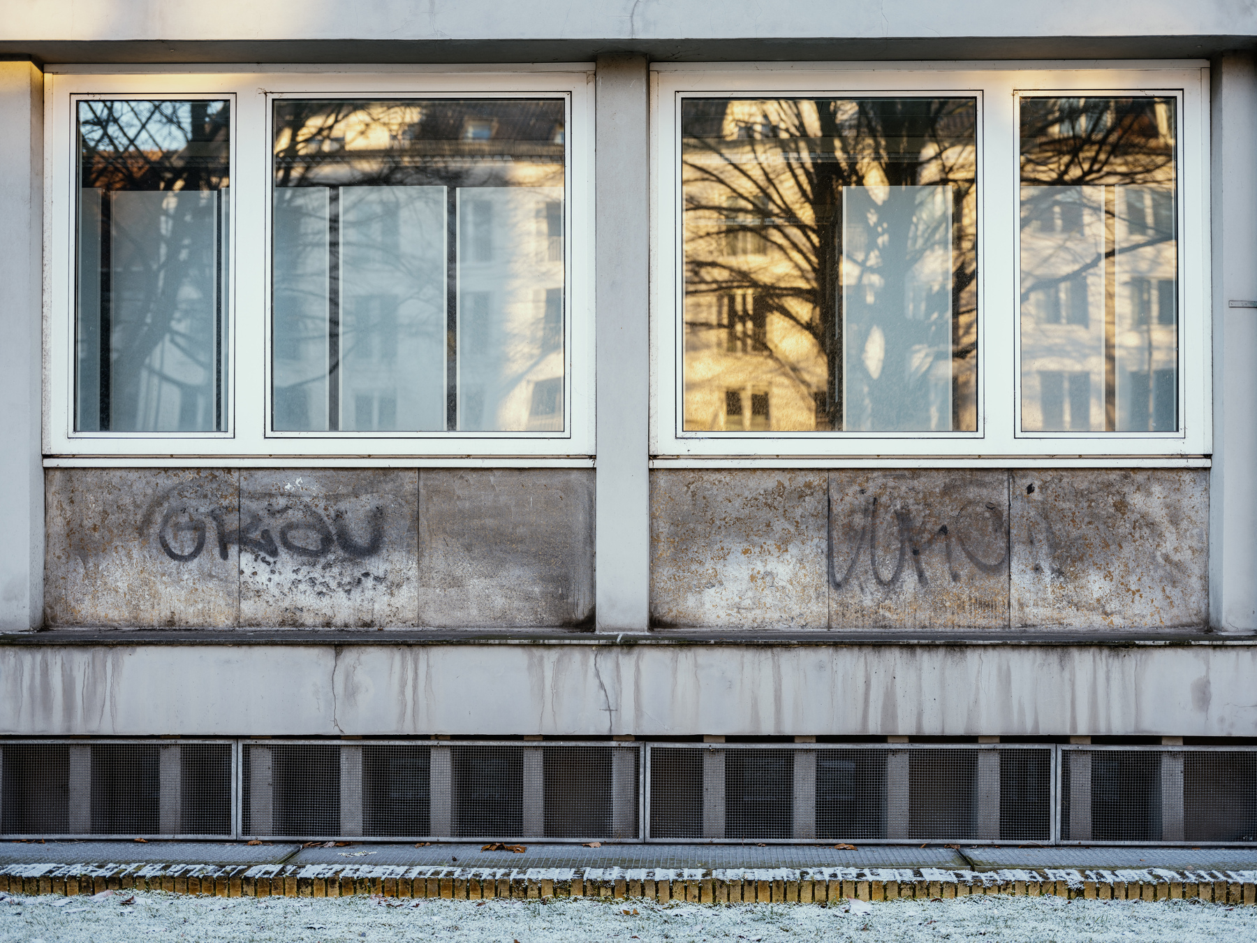 The image shows a building facade with two large windows reflecting trees and buildings, beneath which there is graffiti on stained concrete panels.