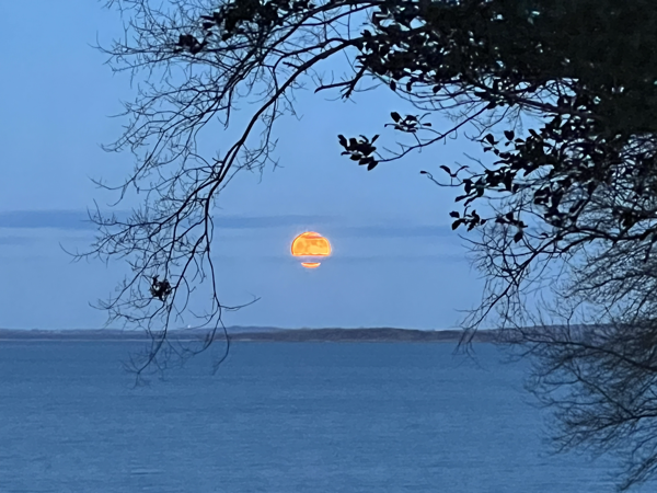 The moon rising over Narragansett Bay
