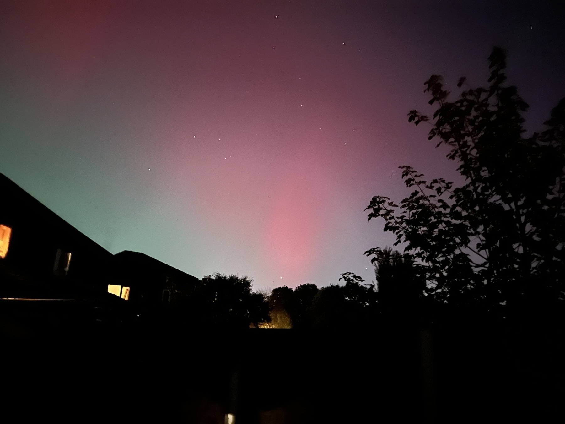 The Northern Lights are visible in the night sky above silhouettes of houses and trees.