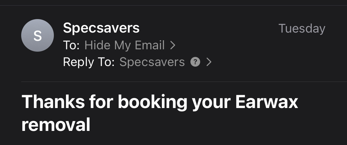 Email header titled ‘Thanks for booking your Earwax&10;removal’