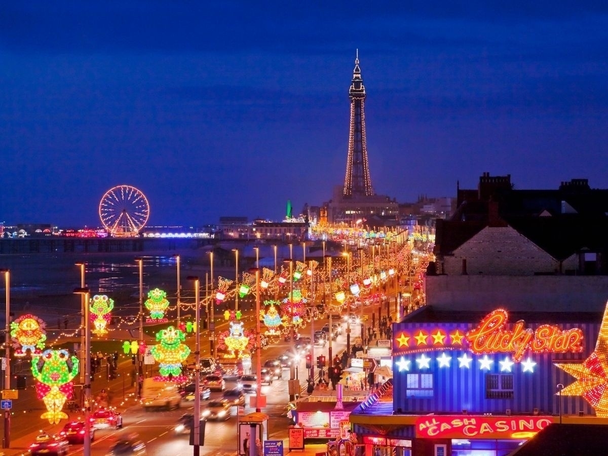 Blackpool illuminations lit up at night.