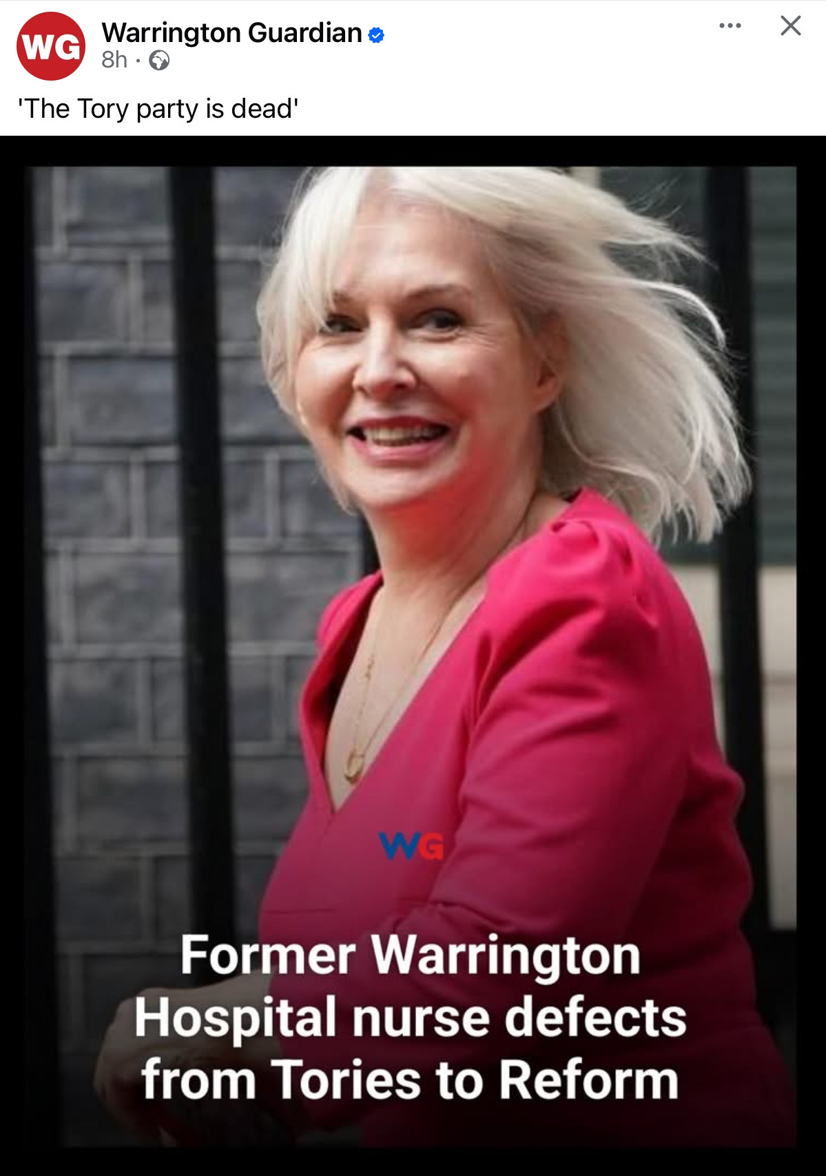 Nadine Dorris in a bright pink outfit is featured in a news graphic with the headline, "Former Warrington Hospital nurse defects from Tories to Reform."