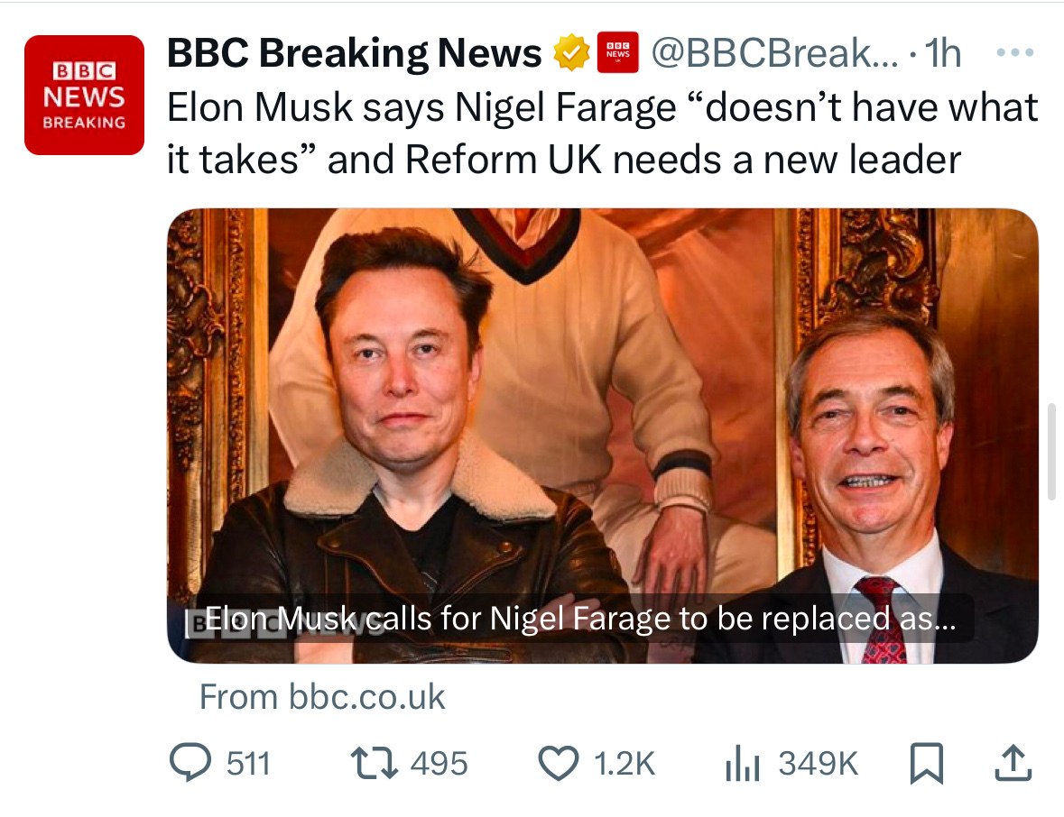 A news tweet from BBC Breaking News reports Elon Musk's opinion on Nigel Farage and Reform UK needing a new leader.