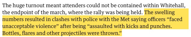 Quote from a news story reading: A large turnout led to clashes with police, involving assaults and projectiles like bottles and flares.