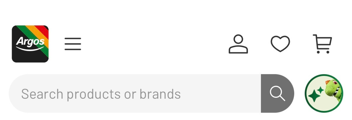 The Argos website menu bar. Showing the Argos logo with rainbow stripes in the top right.