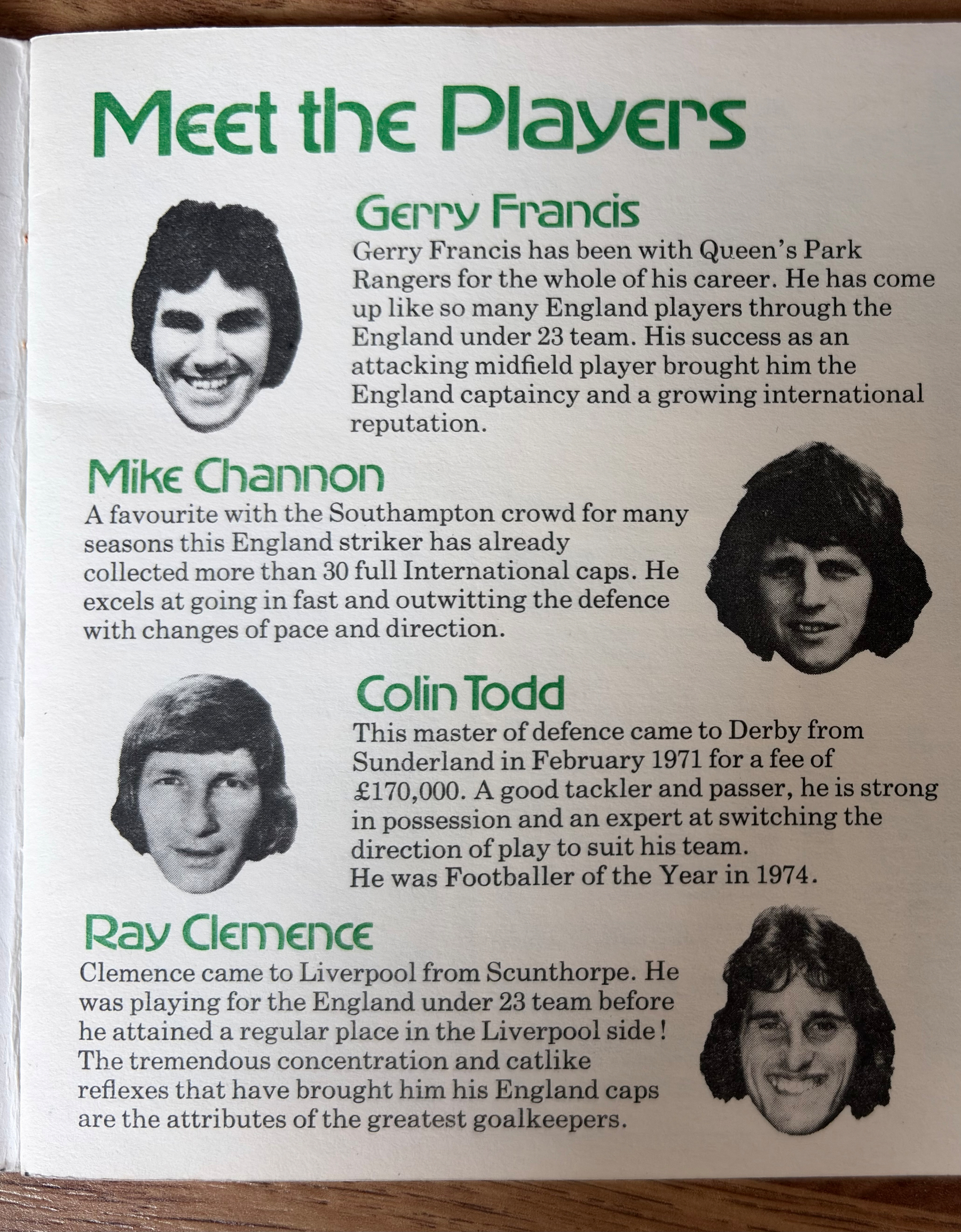 A vintage football program page introduces Gerry Francis, Mike Channon, Colin Todd, and Ray Clemence, highlighting their careers and achievements.