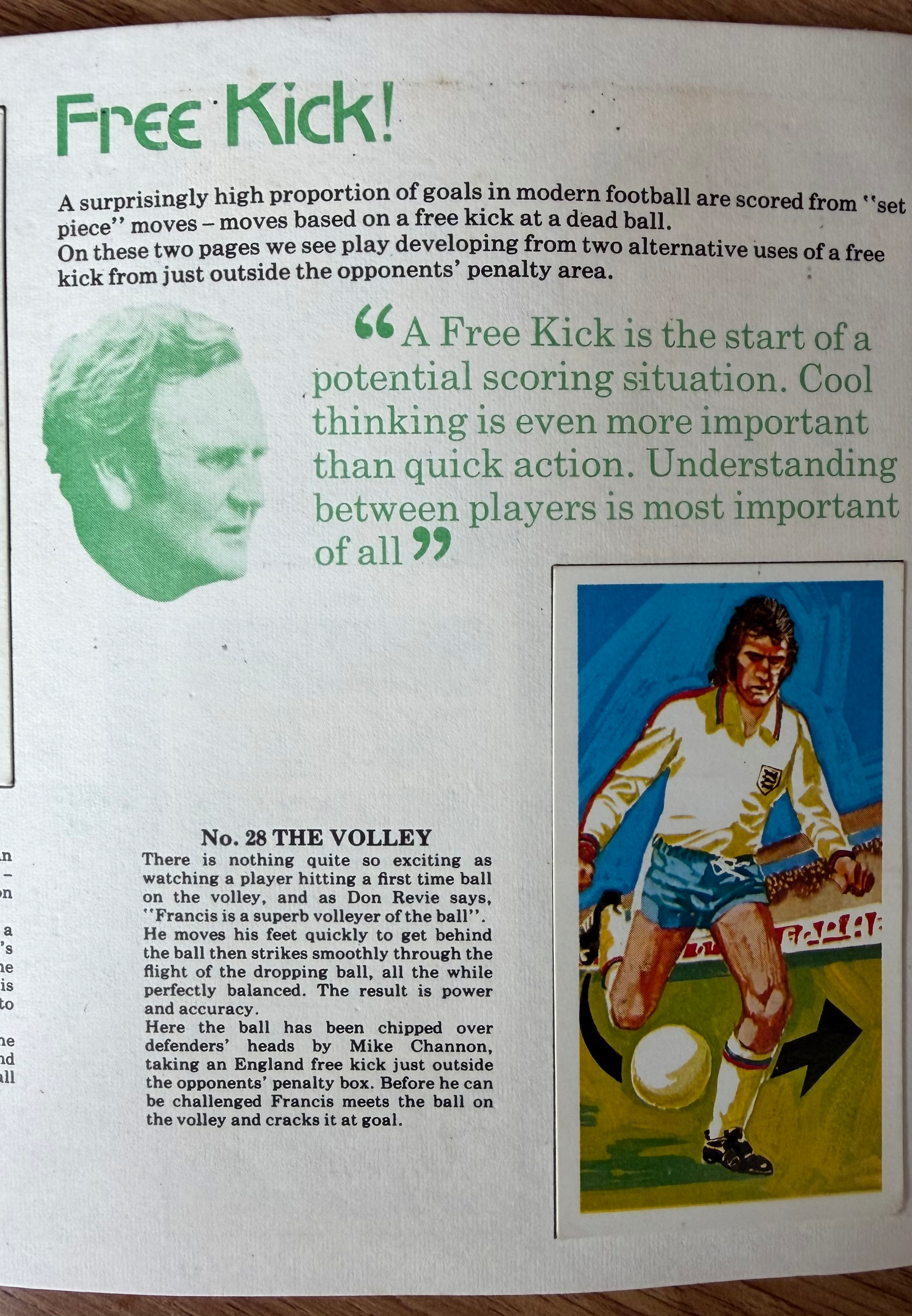 A football magazine page features an article on free kicks, including an illustration of a player dribbling a ball, accompanied by text on technique and strategy.