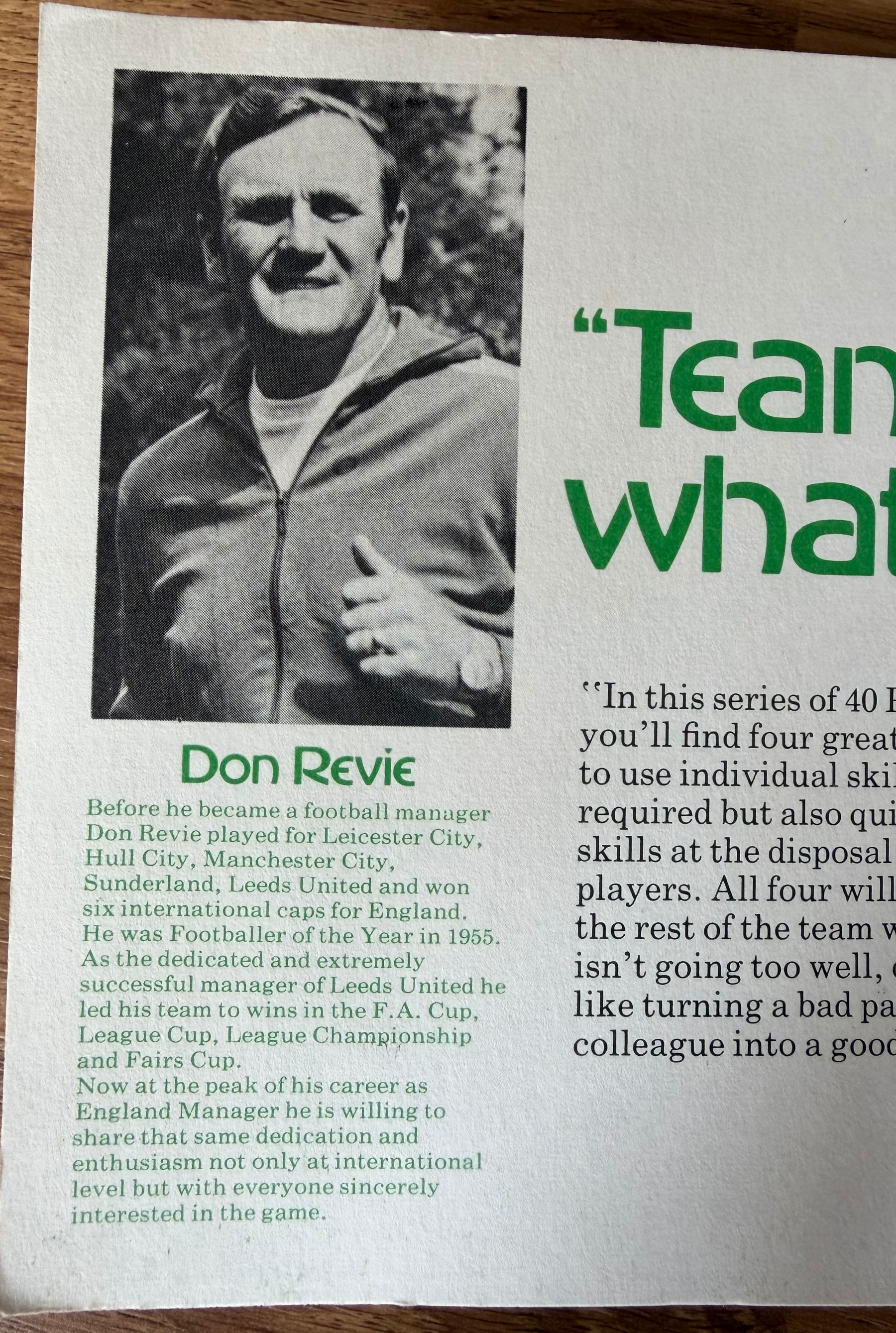A biography of Don Revie is accompanied by a black and white photo of him in football attire.