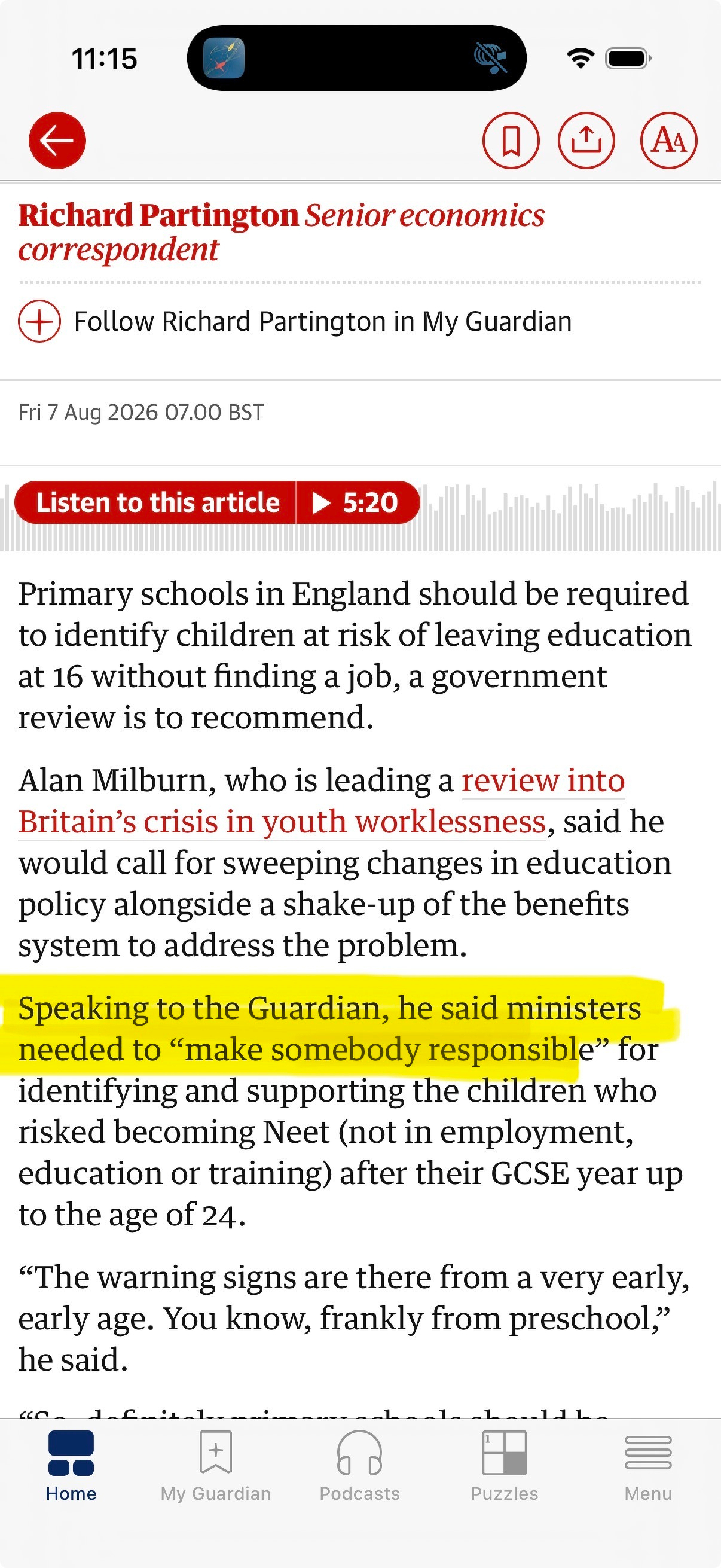 News item screenshot: Primary schools in England should be required to identify children at risk of leaving education at 16 without finding a job, a government review is to recommend.&10;Alan Milburn, who is leading a review into Britain's crisis in youth worklessness, said he would call for sweeping changes in education policy alongside a shake-up of the benefits system to address the problem.&10;Speaking to the Guardian, he said ministers needed to "make somebody responsible" for identifying and supporting the children who risked becoming Neet (not in employment, education or training) after their GCSE year up to the age of 24.
