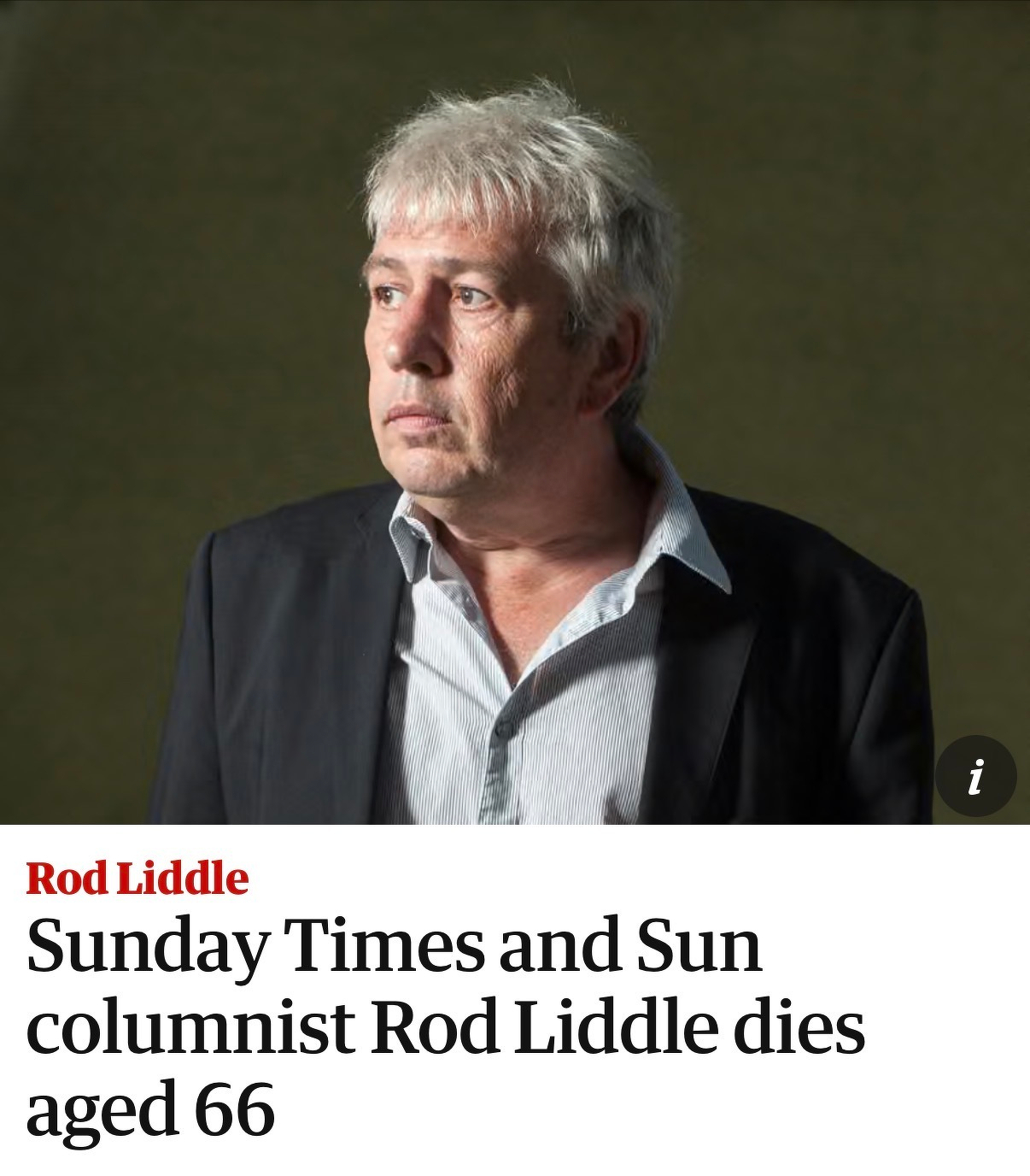 Headline announcing the death of Sunday Times and Sun columnist Rod Liddle at age 66.