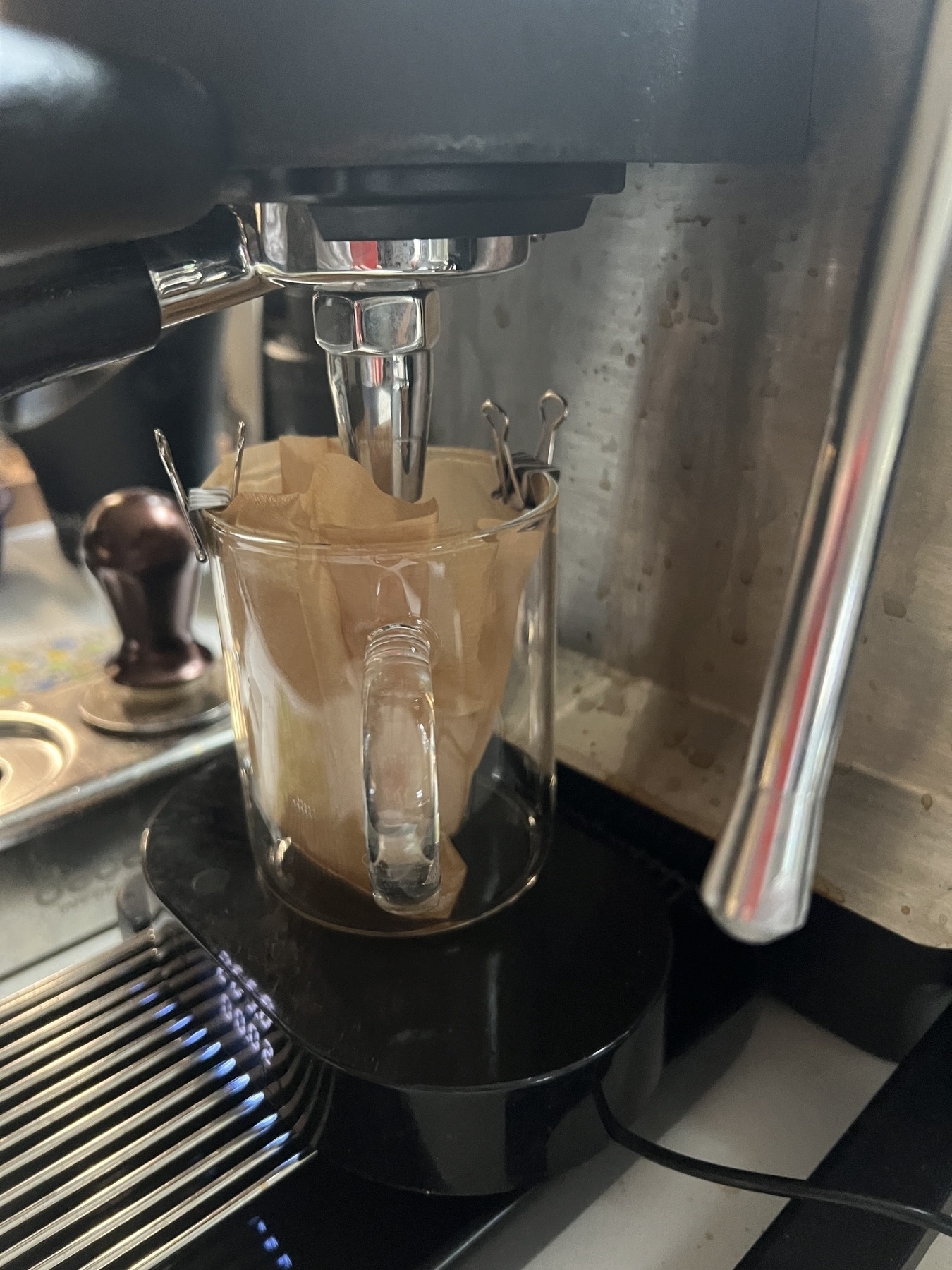 Tea portafilter on a Decent espresso machine