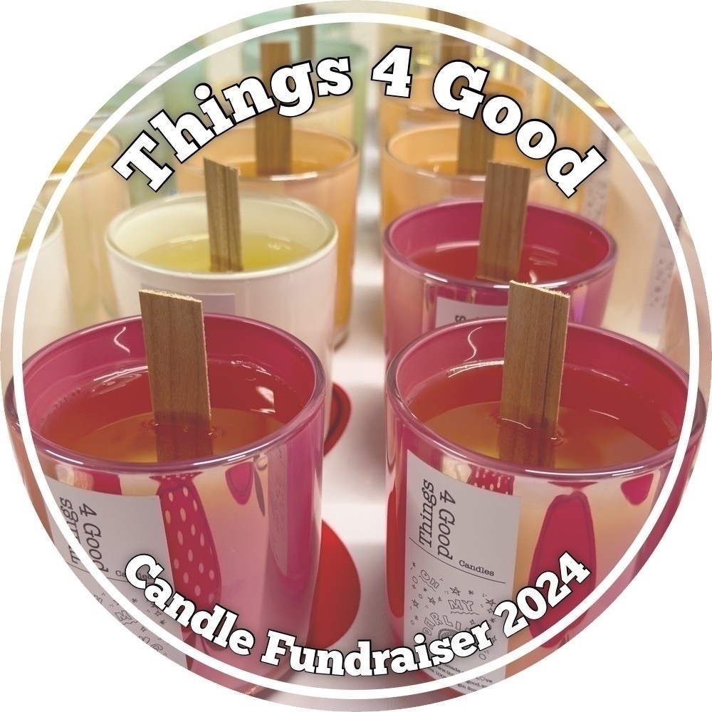 Several colorful candles in glass jars are arranged with wooden wicks, surrounded by the text Things 4 Good Candle Fundraiser 2024 in a circular design.