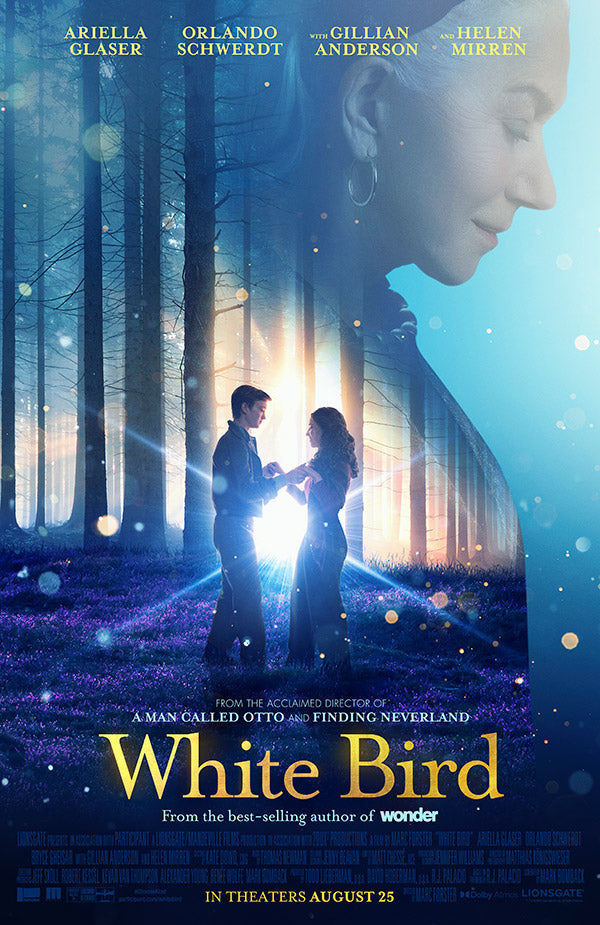 Auto-generated description: A couple stands in a sunlit forest clearing holding hands, with film credits and the title White Bird prominently displayed.