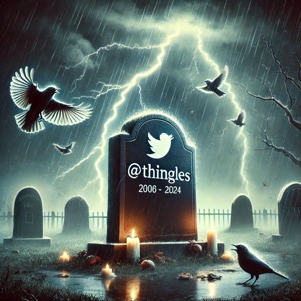 Auto-generated description: A gravestone with the Twitter logo and the handle @thingles (2006-2024) surrounded by candles and crows, set in a stormy graveyard.