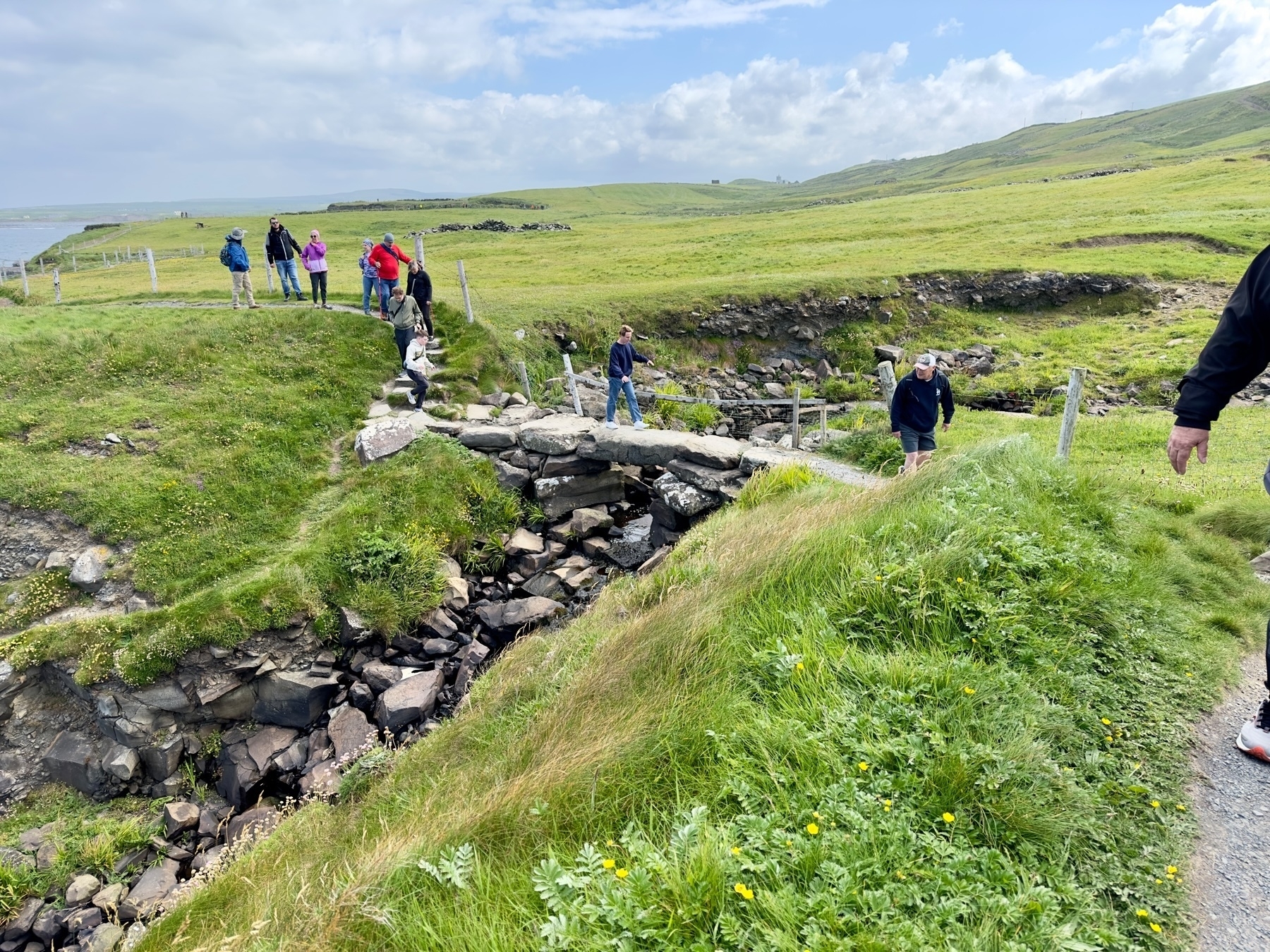 Auto-generated description: A group of people are walking on a trail through a grassy landscape with stone steps and a bridge on a bright, partly cloudy day.