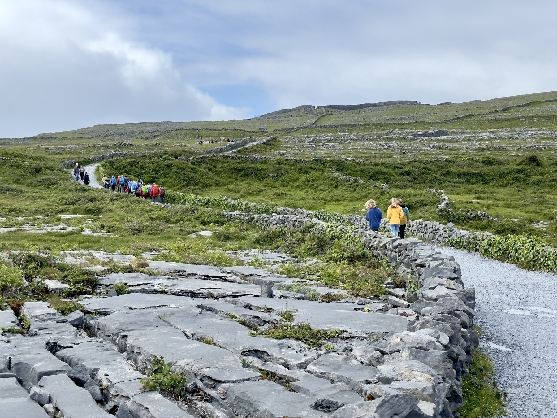 Auto-generated description: A group of people is hiking along a path surrounded by rocky terrain and greenery under a cloudy sky.