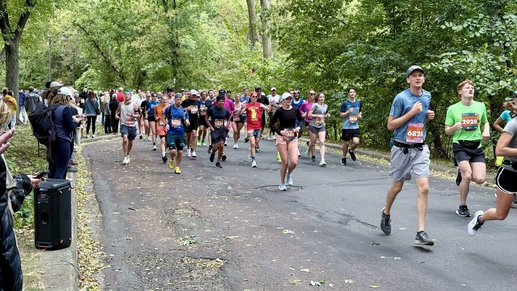 Auto-generated description: A group of people is running down a tree-lined path in what appears to be a marathon or race event.