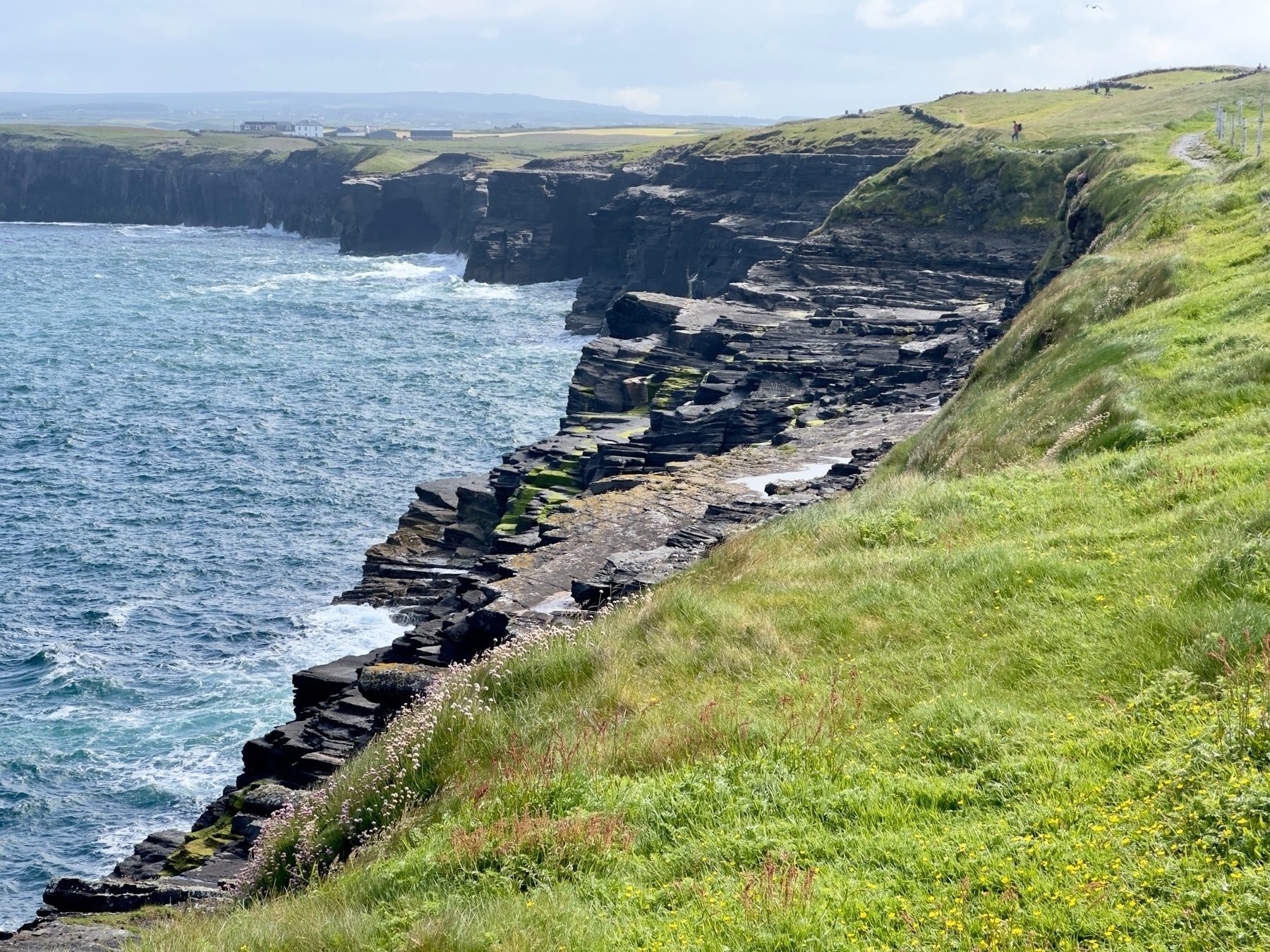 Auto-generated description: A rugged coastline with dramatic cliffs and a grassy landscape overlooks a vast, turbulent sea.