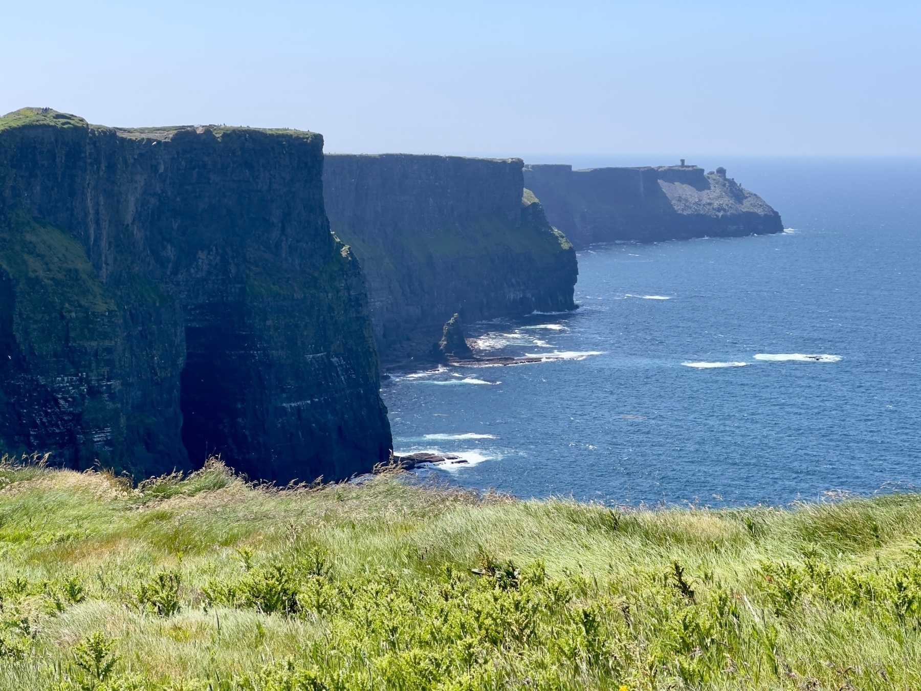 Auto-generated description: A stunning coastal landscape features dramatic cliffs, lush green grass, and a vast, calm ocean under a clear blue sky.