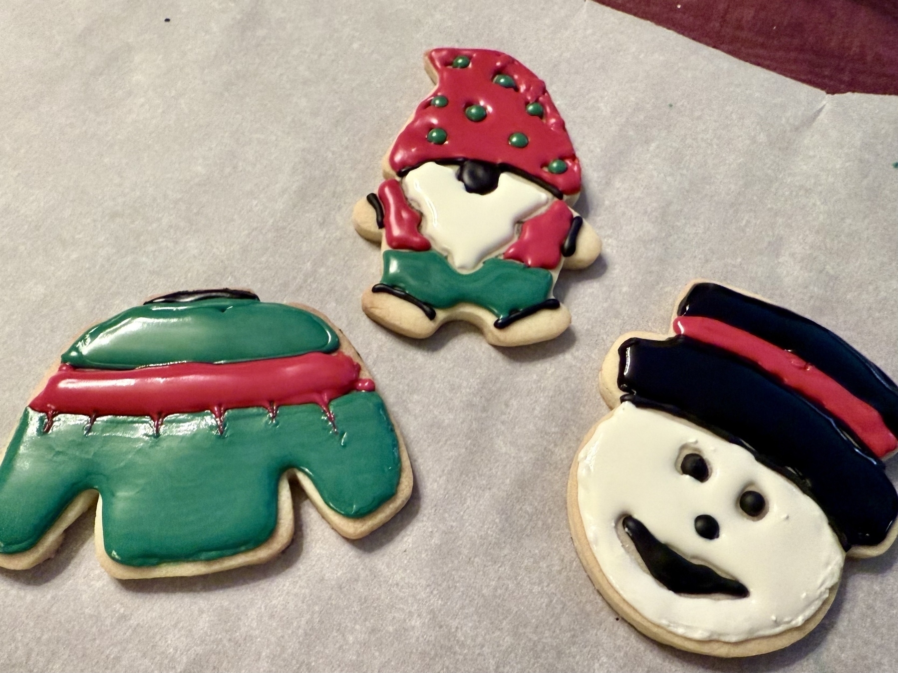 Auto-generated description: Three decorated cookies shaped like a Christmas sweater, a gnome, and a snowman are arranged on a sheet of parchment paper.