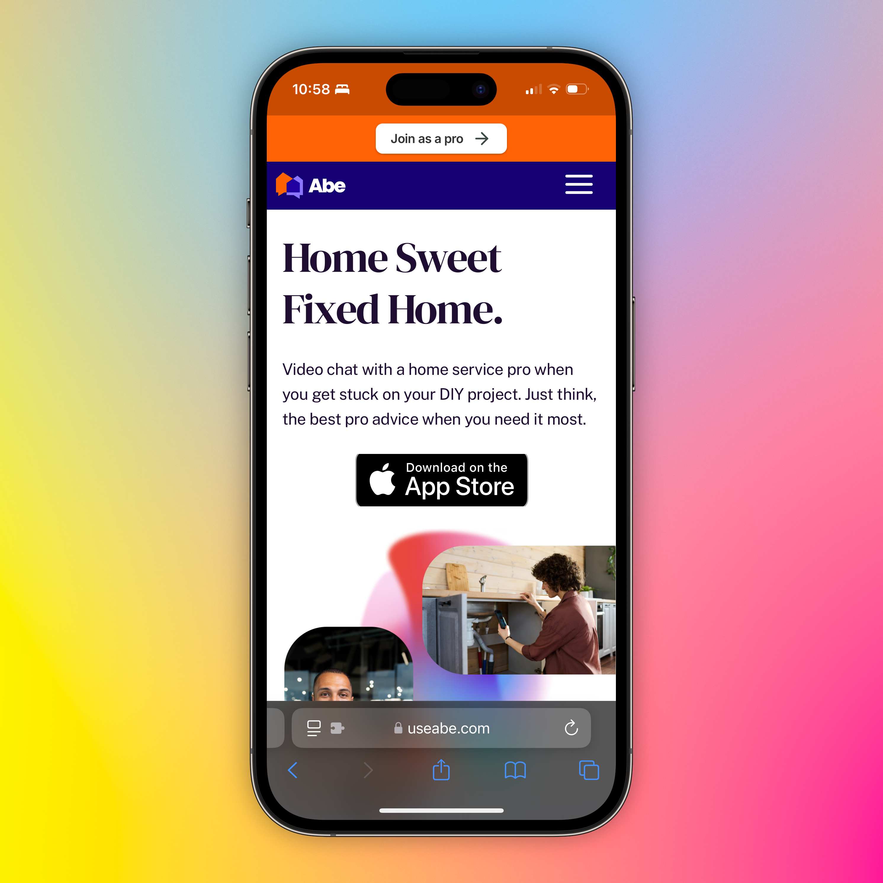 Auto-generated description: A smartphone displays a webpage for Abe, featuring a home service app advertisement encouraging video chats with professionals for DIY project assistance.