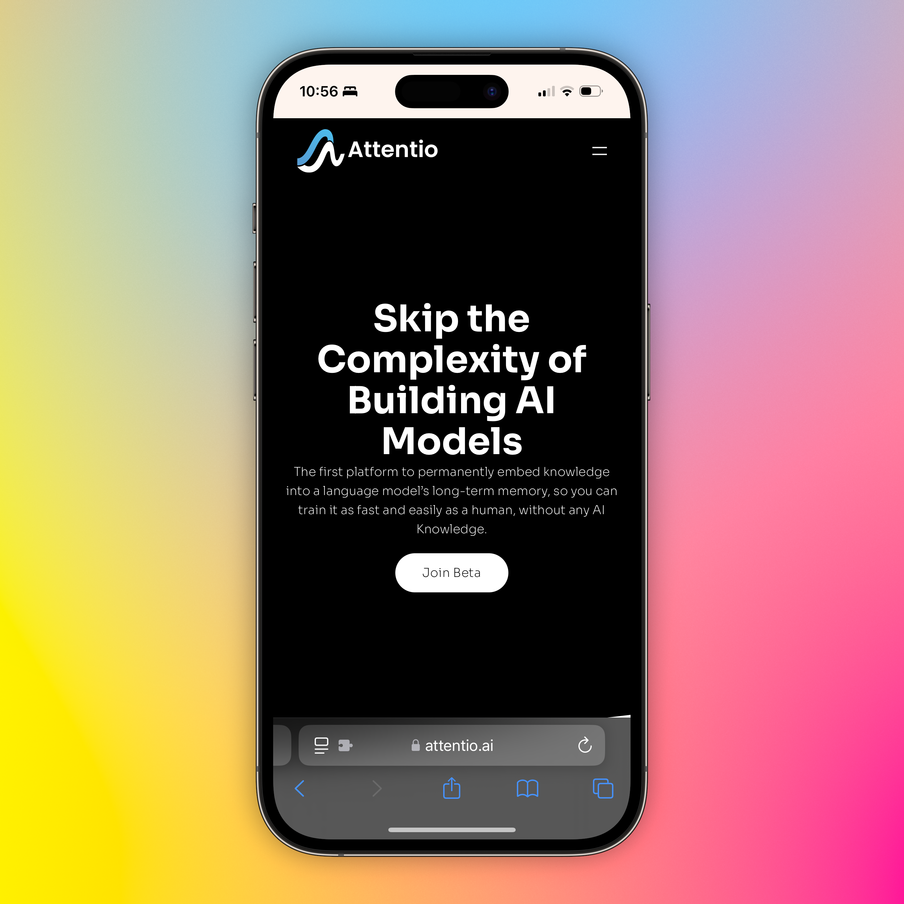 Auto-generated description: A smartphone displays the Attentio website on a vibrant, rainbow-colored background, featuring a message about simplifying AI model building and a Join Beta button.