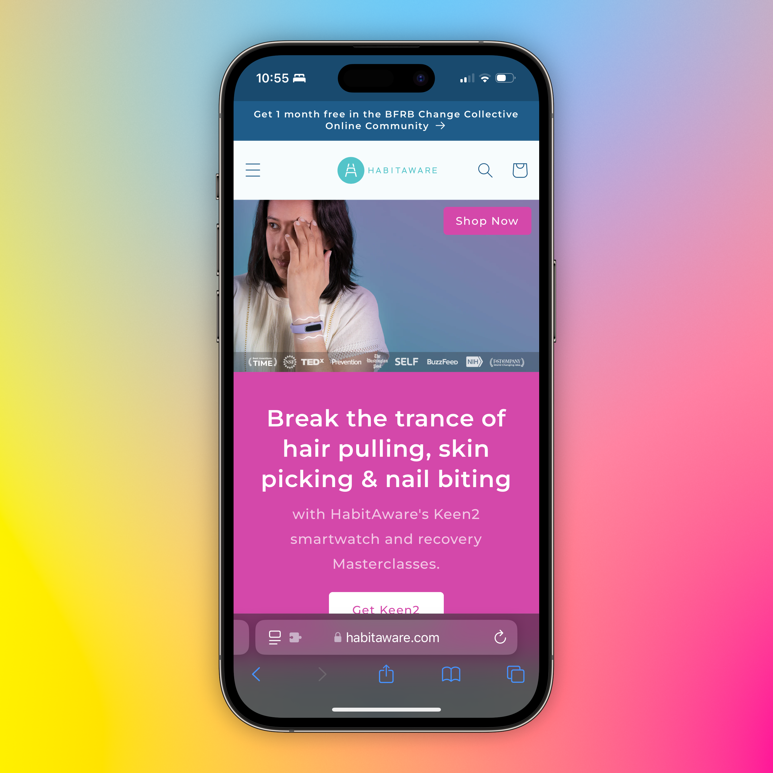 Auto-generated description: A smartphone screen displays an ad for HabitAware's Keen2, promoting help for hair pulling, skin picking, and nail biting habits.