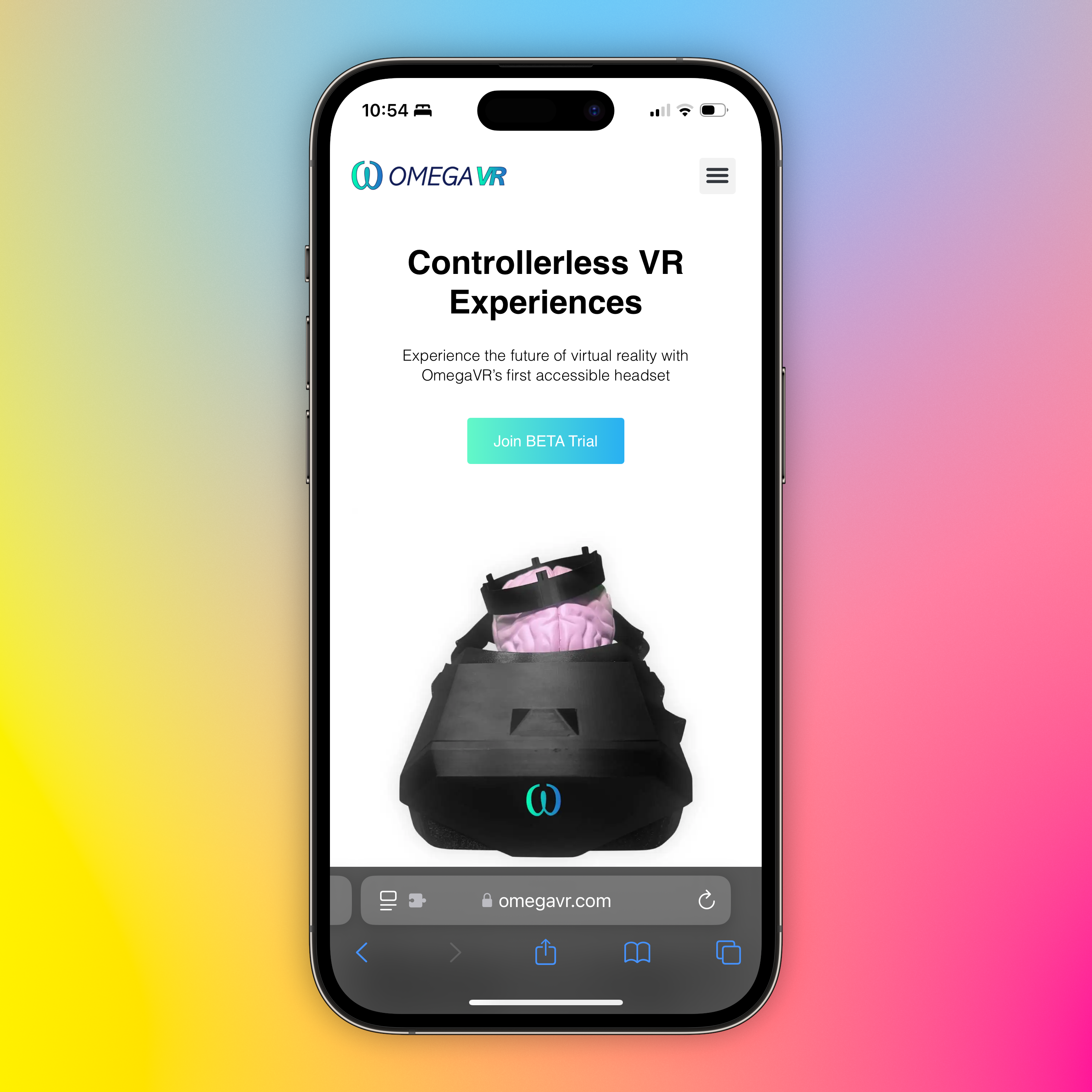 Auto-generated description: A smartphone displays Omega VR's website, featuring controllerless VR experiences and a Join Beta Trial button, with a VR headset image in the center.