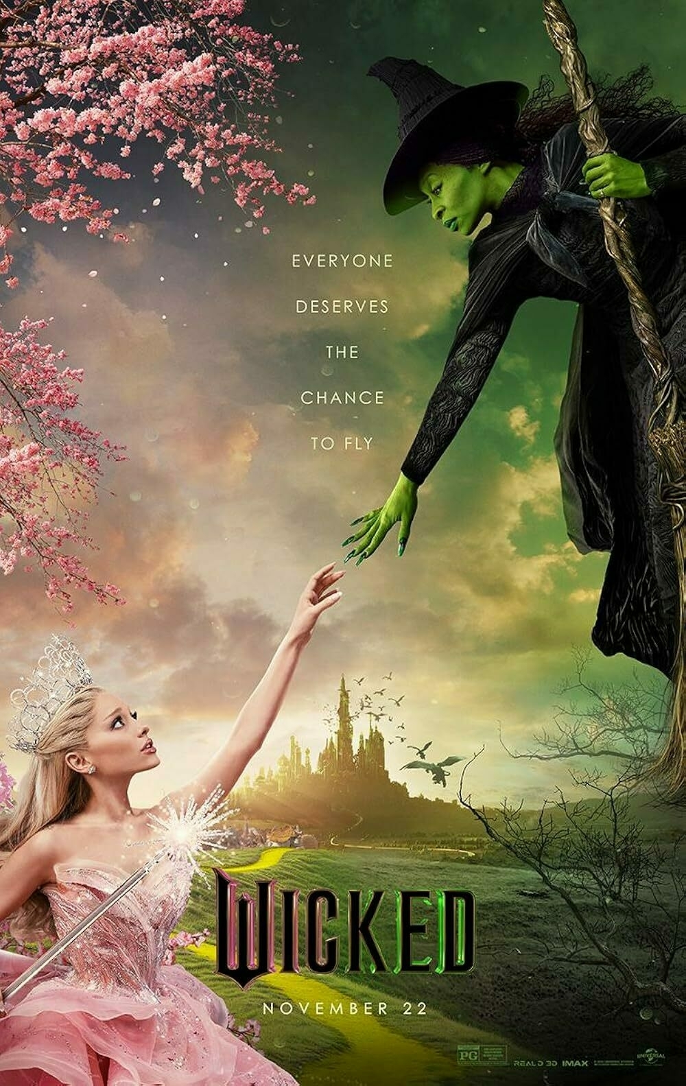 Auto-generated description: A witch and a fairy-like character reach toward each other against a backdrop of a mystical landscape with the text Everyone deserves the chance to fly and the title Wicked.