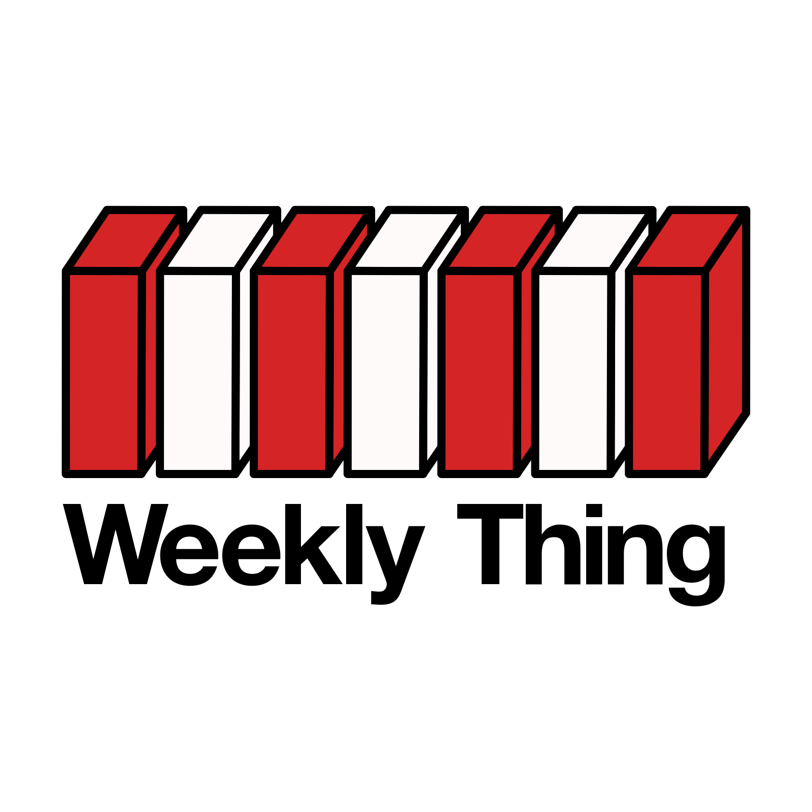 Auto-generated description: A logo with a series of vertical red and white rectangles above the text Weekly Thing.