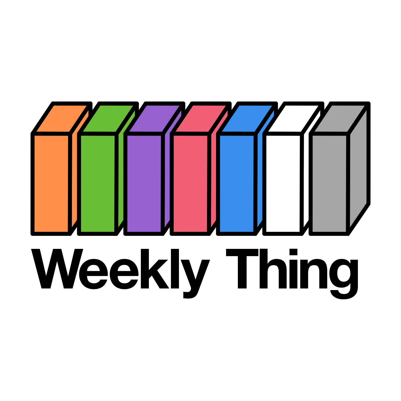 Auto-generated description: A logo featuring seven colorful rectangular bars in orange, green, purple, pink, blue, white, and gray, with the text Weekly Thing beneath them.