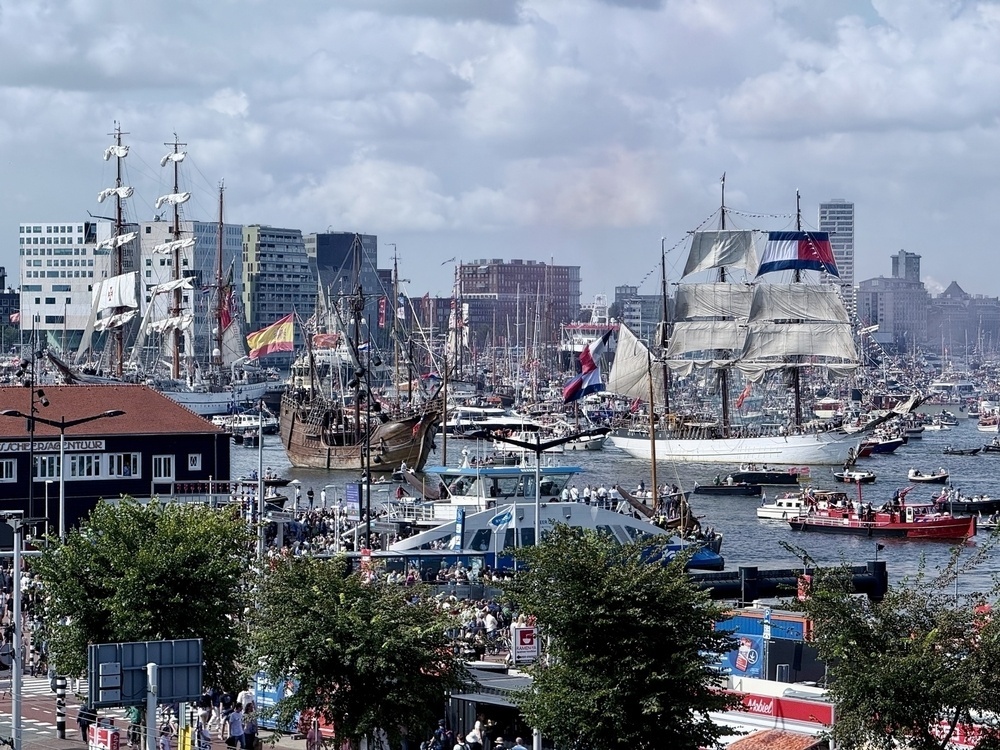 A bustling waterfront scene features numerous historic sailing ships and modern boats amidst a gathering crowd and a backdrop of urban buildings.