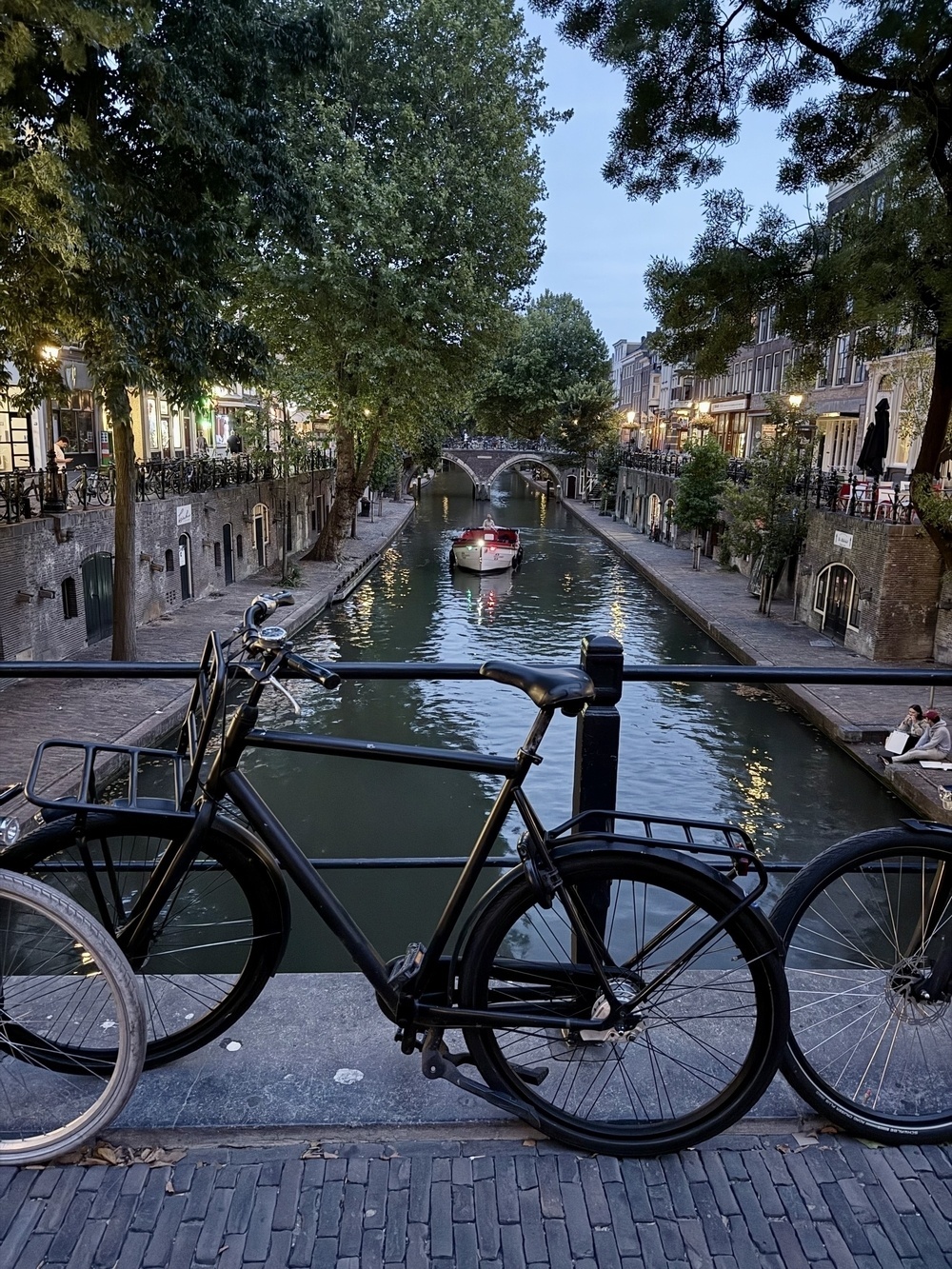 A bicycle is parked on a bridge overlooking a serene canal with trees lining the water and a boat passing underneath at dusk.