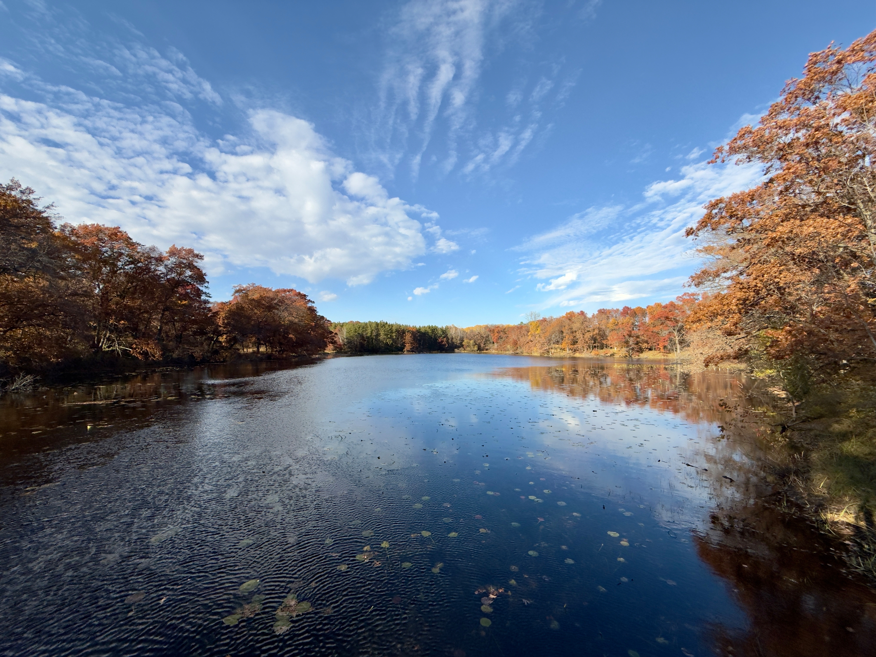 A serene lake is surrounded by autumnal trees under a partly cloudy blue sky.