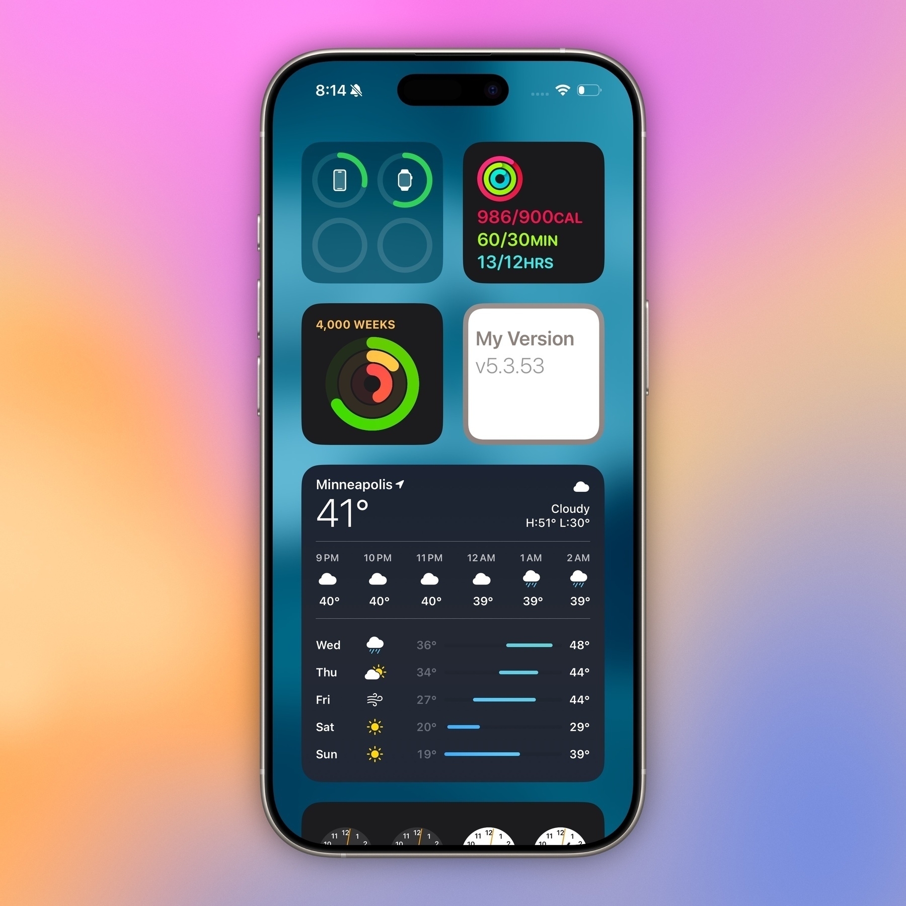 Auto-generated description: A smartphone screen displays various widgets including weather, fitness tracking, and app version information over a gradient background.