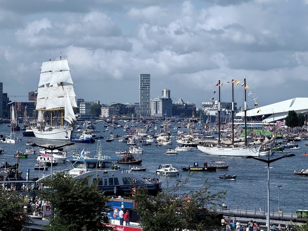 A bustling harbor scene with numerous sailboats and ships on the water, surrounded by a city skyline and a large crowd along the waterfront.